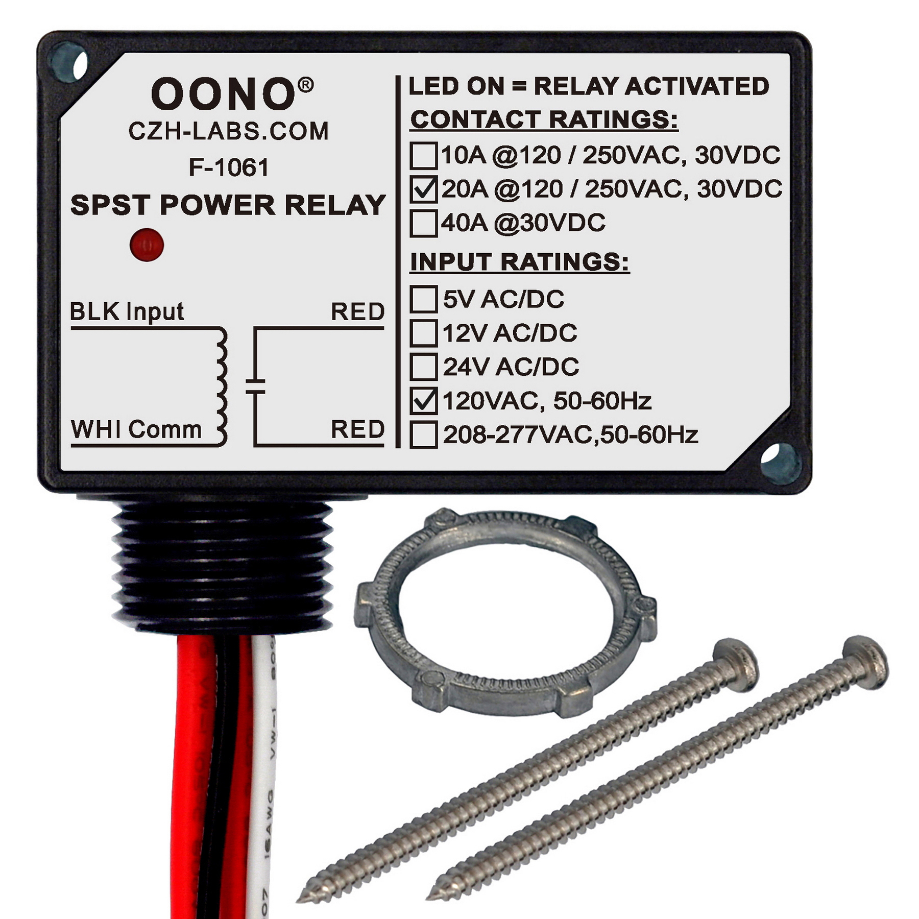 AC 120V SPST Power Relay Module, 20Amp 250Vac/30Vdc, Plastic Enclosure and  Pre-wired, OONO F-1061